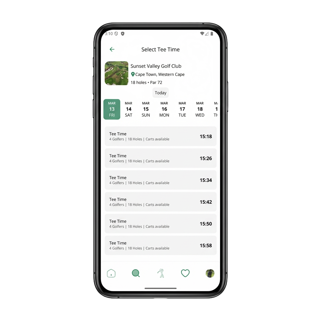 PlayGolf tee time selection screen
